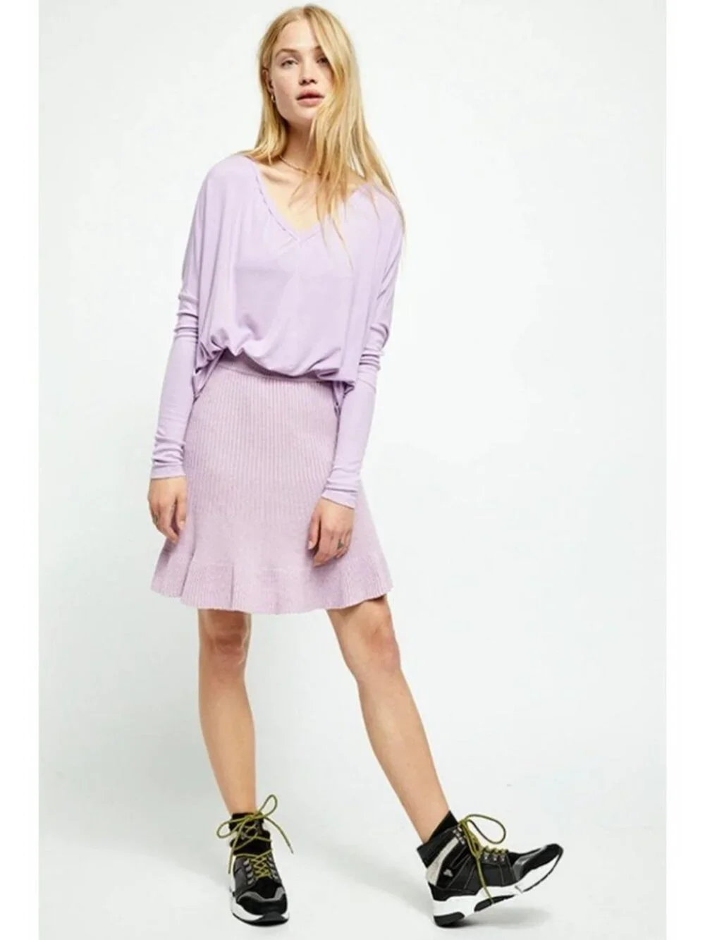 Free People Ribbed Ruffle Purple Pink Mini Skirt M